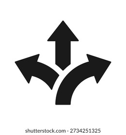 Direction arrows icon showing multiple paths and route choices. Choice and decision icon with three direction arrows. Options, alternatives, strategy and decision making. Navigation and road sign.