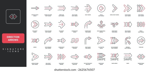 Direction arrows, direction pointer to right and forward, straight and curved line icon set. Cursor of arrow shape to click, modern traffic turn signs thin black and red symbols vector illustration