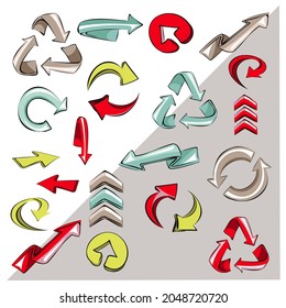 Direction arrows. Set of arrows for sites and games. Label stickers banners tag set collection, frame, sticker, price tag. Isolated vector objects.