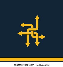 Direction arrows sign. Movement in an unknown direction. Uncertainty choice. Crossroad choice vector icon.