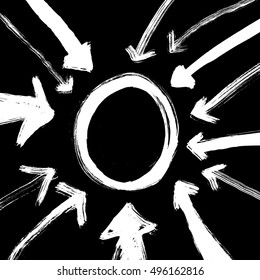 Direction of arrows. In style grunge. Hand drawn vector sketch. White on black