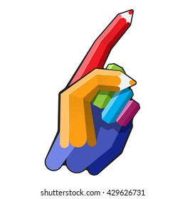 Señal de la dirección o de la mano de la atención hecha con lápiz de color. Mano humana de lápices de colores. Ilustración del vector