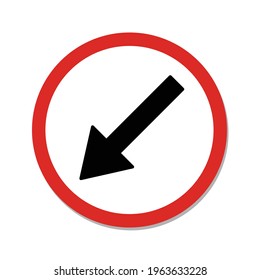 Direction black arrow street sign vector icon in the red circle. Keep left sign icon.
