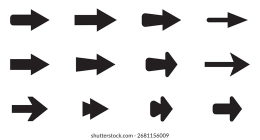 Direção Conjunto de ícone de seta para frente preta: símbolo e sinal de cursor de coleção de setas, eps design de ilustração de vetor. 
