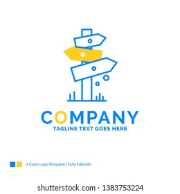 Direction, Board, Camping, Sign, label Blue Yellow Business Logo template. Creative Design Template Place for Tagline.