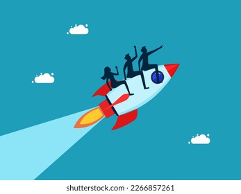 direction of the business entity. Team performance or team commitment. Businessman riding a rocket aiming for success
