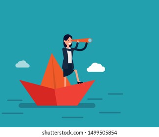 Direction of business and management. Paper boat, Ship on water, Flat business cartoon, Leadership concept.