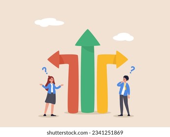 Direction choice concept. Crossroad or decision for career path, choosing path way, challenge or opportunity doubt, determination or tough decision, business people thinking on difference career path.