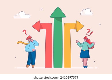 Direction choice concept. Crossroad or decision for career path, choosing path way, challenge or opportunity doubt, determination or tough decision, business people thinking on difference career path.