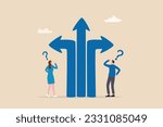 Direction choice, crossroad or decision for career path, choosing path way, challenge or opportunity doubt, determination or tough decision concept, business people thinking on difference career path.