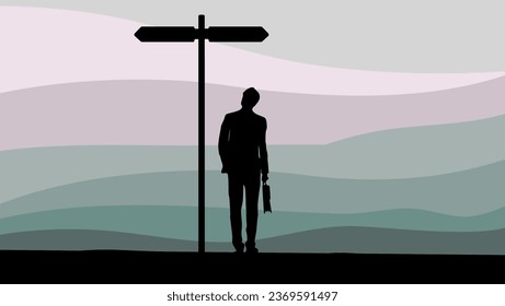 Direction choice, crossroad or decision for career path, choosing path way, challenge or opportunity doubt, determination or tough decision concept, businessman looking at a road sign