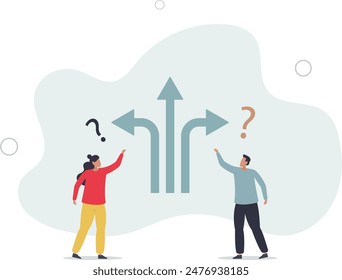 Direction choice, crossroad or decision for career path, choosing path way, challenge or opportunity doubt, determination or tough decision concept.flat llustration.