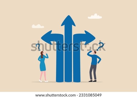 Direction choice, crossroad or decision for career path, choosing path way, challenge or opportunity doubt, determination or tough decision concept, business people thinking on difference career path.