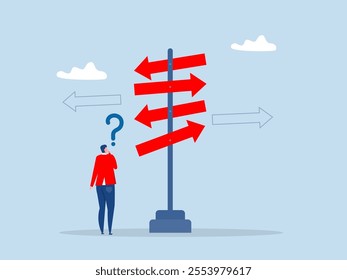 direction or choose the right way to success concept ,businessman looking at multiple road sign with question mark mark and thinking which way to go.vector illustrator