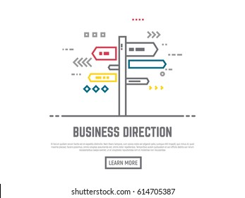 Direction choosing concept. Flat vector line style roadside signpost illustration. Arrows and lines navigation. Road way sign boards on pole. Crossroad with destination choice. Text and button.