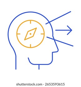 Dirección – Brújula en el cerebro que representa la guía y el liderazgo con propósito. Icono de Vector