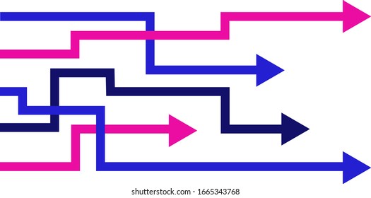 Direction concept with colorful arrows. Abstract arrows in minimal flat design. Template or long banner. Vector illustration isolated on white background.