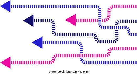 Direction concept with colorful arrows. Abstract arrows with rounded corners in minimal flat design. Template or long banner. Vector illustration isolated on white background.