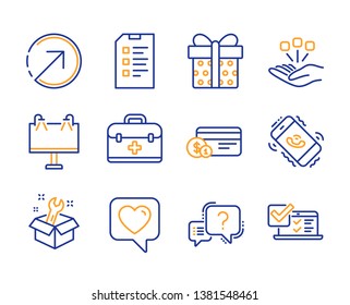 Direction, Consolidation And Spanner Icons Simple Set. Checklist, Road Banner And Gift Box Signs. Heart, First Aid And Payment Method Symbols. Question Mark, Call Center And Online Survey. Vector