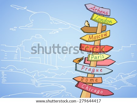 Direction to different places traffic sign indicating distances to several well known cities in the world travel concept