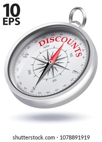 Direction to Discounts Conceptual Compass. Realistic vector 3d illustration