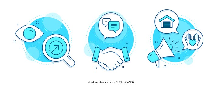 Direction, Dots message and Hold heart line icons set. Handshake deal, research and promotion complex icons. Parking garage sign. Navigation pointer, Chat bubble, Care love. Car place. Vector