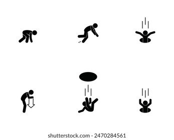 direction down, people falling, stick figure man icon, stickman isolated silhouette