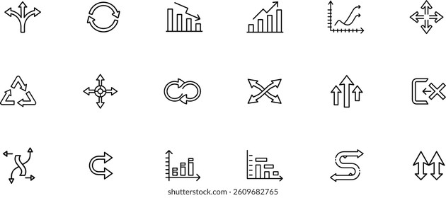 Direction editable outline icon set. Arrow, growth, chart, path, analytics and more.