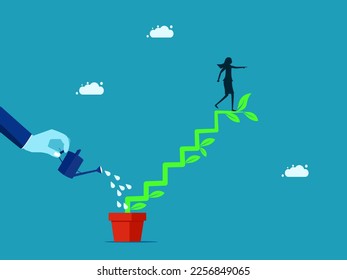 Direction of growing investment. Businesswoman pointing direction on top of tree ladder. vector illustration