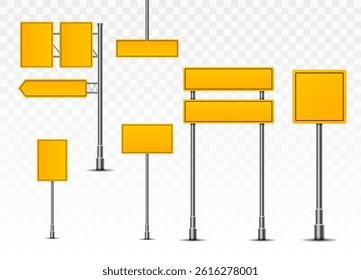 Direction guide with road sign and yellow board on pole includes stop notice and travel signage in 3D vector illustration with place pointer and isolated metal frame for street concept mockup