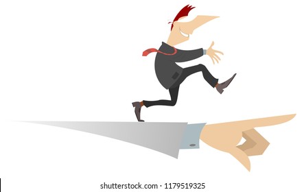 Direction hand and blindfold man concept illustration. Hand shows a direction to the blindfold man isolated on white illustration 
