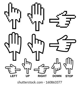 Direction hand cursor icons, made from arrow and hand cursors. Use icons to set a pointer or direction.