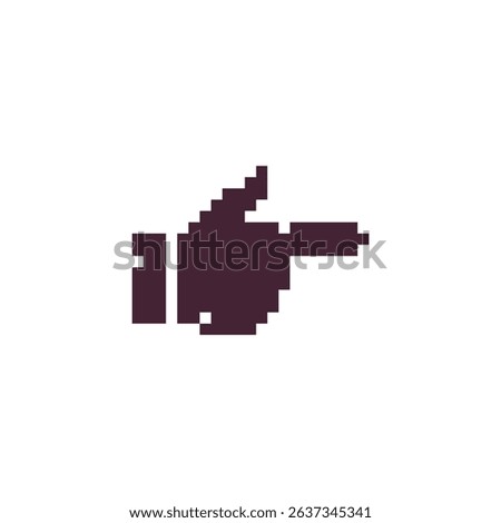 Direction hand icon. Backhand index pointing right. Video game sprite. Pixel art style. Isolated vector illustration.