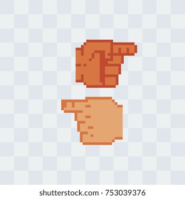 Direction hand. Video game sprite. Pixel art style. Isolated vector illustration.