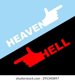 Direction of hell and heaven. Vector illustration. White hand indicates direction of heaven. Red indicates in hell. 