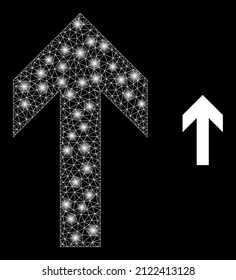 Up direction icon and bright net mesh up direction structure with bright light spots. Illuminated model created using up direction vector icon and triangle mesh. Bright carcass up direction,