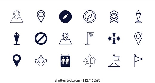 Direction icon. collection of 18 direction filled and outline icons such as compass, prohibited, flag, location pin, arrow. editable direction icons for web and mobile.