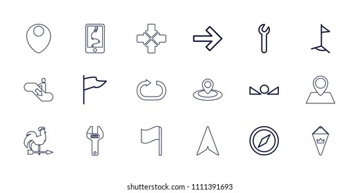 Direction icon. collection of 18 direction outline icons such as compass, flag, forward, arrow up, wrench, escalator down. editable direction icons for web and mobile.