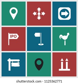 Direction icon. collection of 9 direction filled icons such as weather vane, location pin, arrow right, man move, location, flag. editable direction icons for web and mobile.