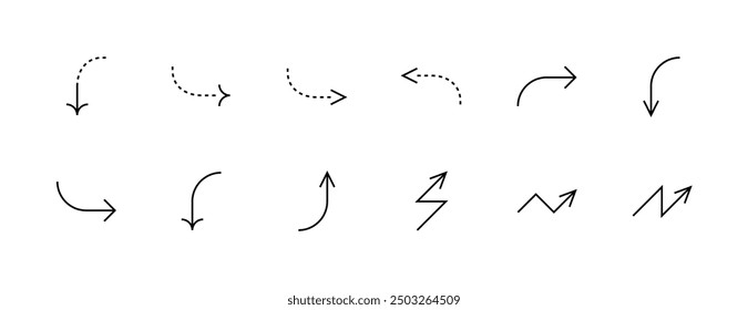 Icono de dirección colección. Flechas de dirección, curva derecha, navegación, hacia abajo, hacia arriba, indicador, hacia abajo y más. Trazo editable.