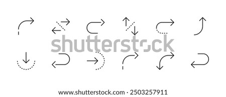 Direction icon collection. Direction arrows, right curved, navigation, different direction, upward, indicator, downturn and more. Editable stroke. Pixel Perfect. Grid base 32 x 32.