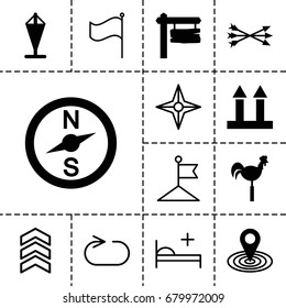 Direction icon. set of 13 filled and outline direction icons such as map location, weather vane, direction board, cargo arrow up, arrow bow, flag, medical bed, reload replay