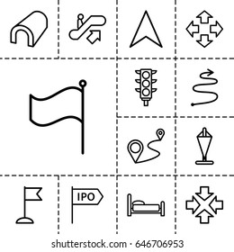 Direction icon. set of 13 outline directionicons such as escalator up, tunnel, flag, navigation arrow, distance, traffic light, direction, curved arrow, move