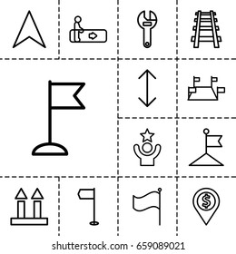 Direction icon. set of 13 outline directionicons such as escalator, flag, wrench, cargo arrow up, navigation arrow, railway, arrow, celebrity, dollar location
