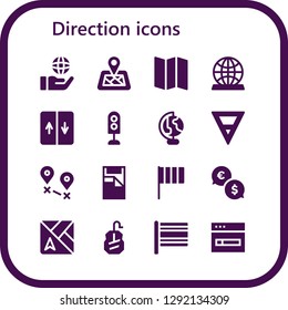  direction icon set. 16 filled direction icons. Simple modern icons about  - Globe, Location pin, Map, Elevator, Traffic light, Earth globe, Earth, Destination, Bed, Flag, Exchange