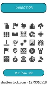  direction icon set. 25 filled direction icons. Simple modern icons about  - Spray, Flag, Globe, Upload, Map, Bed, Crossroad, Side up, Resize, Gps, Falling debris, Location, Play