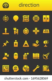 direction icon set. 26 filled direction icons.  Simple modern icons such as: World, Speedometer, Location, Map, Wind rose, Elevator, Side up, Wrench, Compass, Crossroad, Route