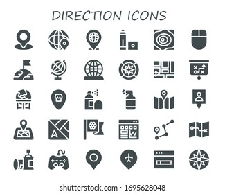 conjunto de iconos de dirección. 30 iconos de dirección rellenos.  Iconos modernos sencillos, como: Ubicación, Mundo, Marcador, Mapas, Ratón, Tierra, Globe, rosa del viento, Mapa, Estrategia, Spray, Gps, Pin de ubicación