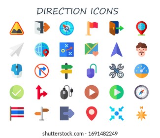 conjunto de iconos de dirección. 30 iconos de dirección plana.  Iconos modernos sencillos, como: bache, salida, brújula, bandera, ubicación, cursor, mundo, estrategia, mapa, navegación, ratón, no girar a la derecha