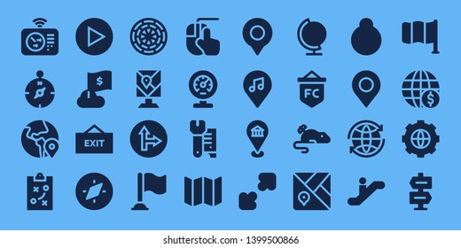 direction icon set. 32 filled direction icons. on blue background style Simple modern icons about  - Radar, Compass, Globe, Strategy, Play, Flag, Exit, Dart board, Map, Traffic signal